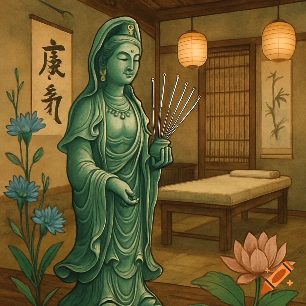 A green statue resembling Guanyin holds acupuncture needles in an Asian-style healing room with a treatment bed, lanterns, and a lotus flower.