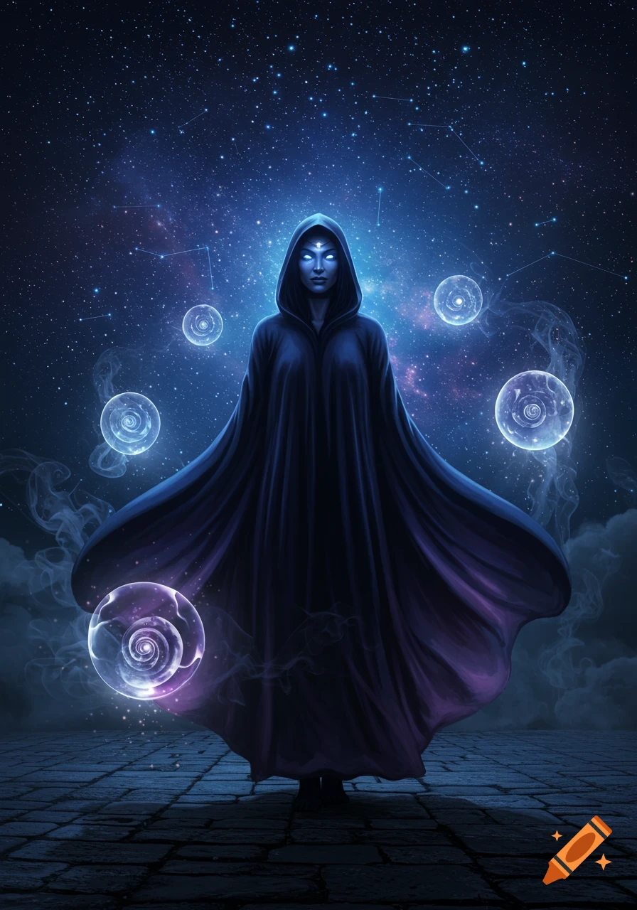 A mystical hooded figure with glowing eyes and a third eye stands on tiled ground under a starry night sky, surrounded by glowing ethereal orbs.