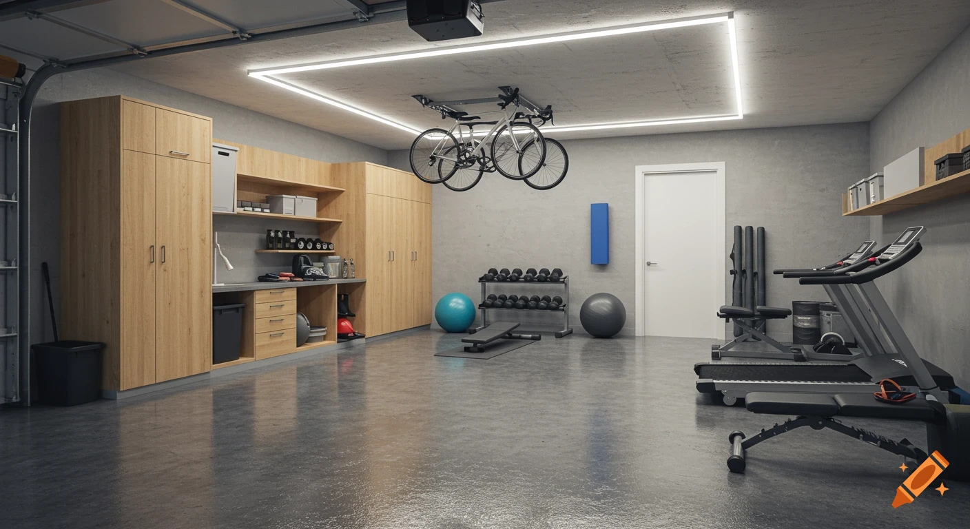 A modern, organized garage home gym with wooden cabinets, ceiling-mounted bikes, a treadmill, weights, and exercise balls. Photorealistic.