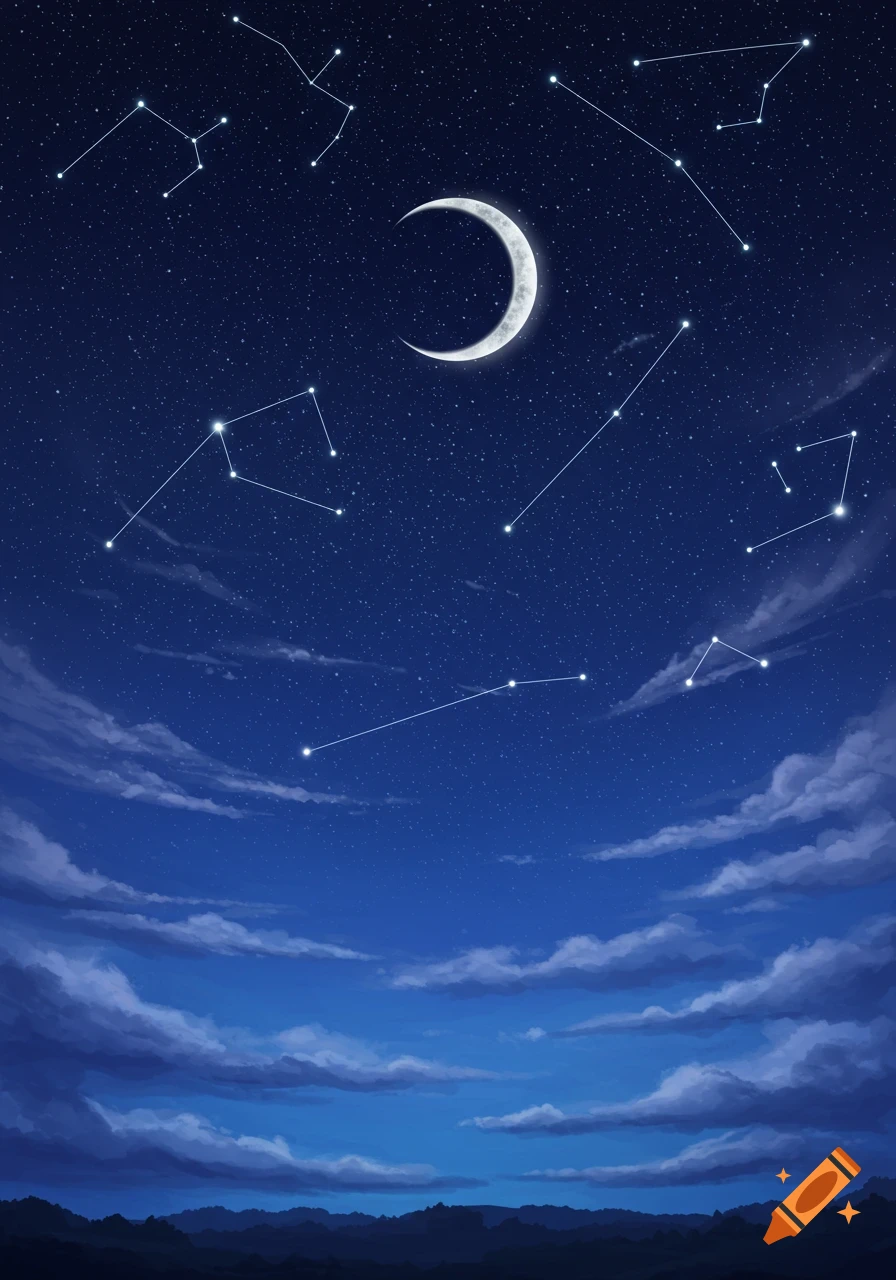A dark blue night sky filled with numerous stars and constellations, a bright crescent moon, and dark clouds over mountains.