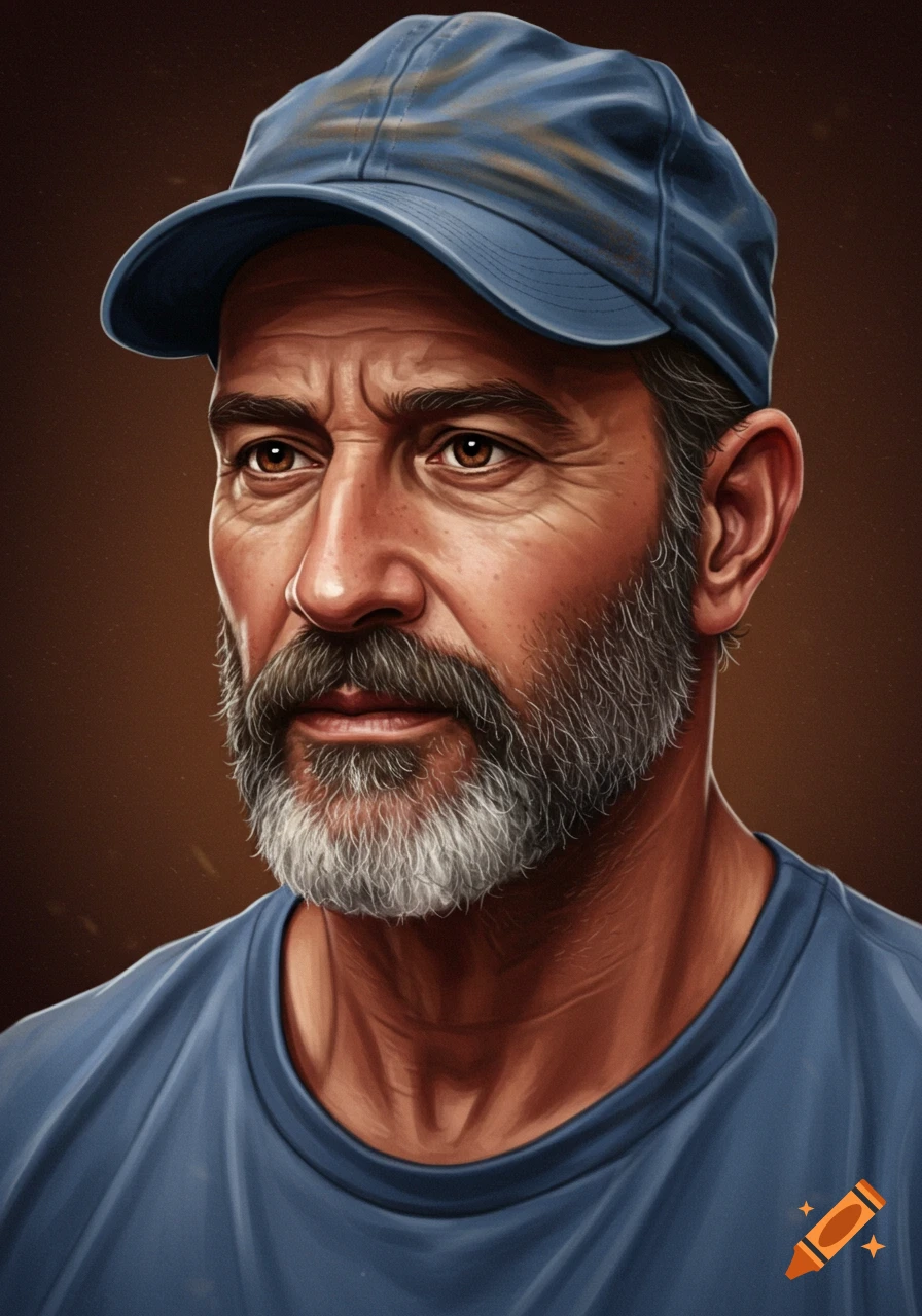 Detailed digital painting of a grizzled man with a salt and pepper beard, blue cap, and blue t-shirt, looking left.