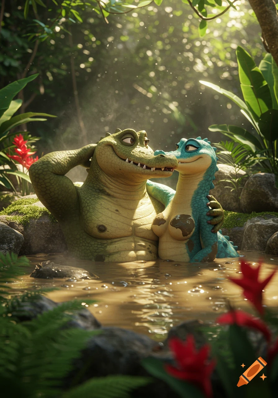 Animated anthropomorphic crocodile couple in a muddy jungle hot tub, with dappled sunlight.