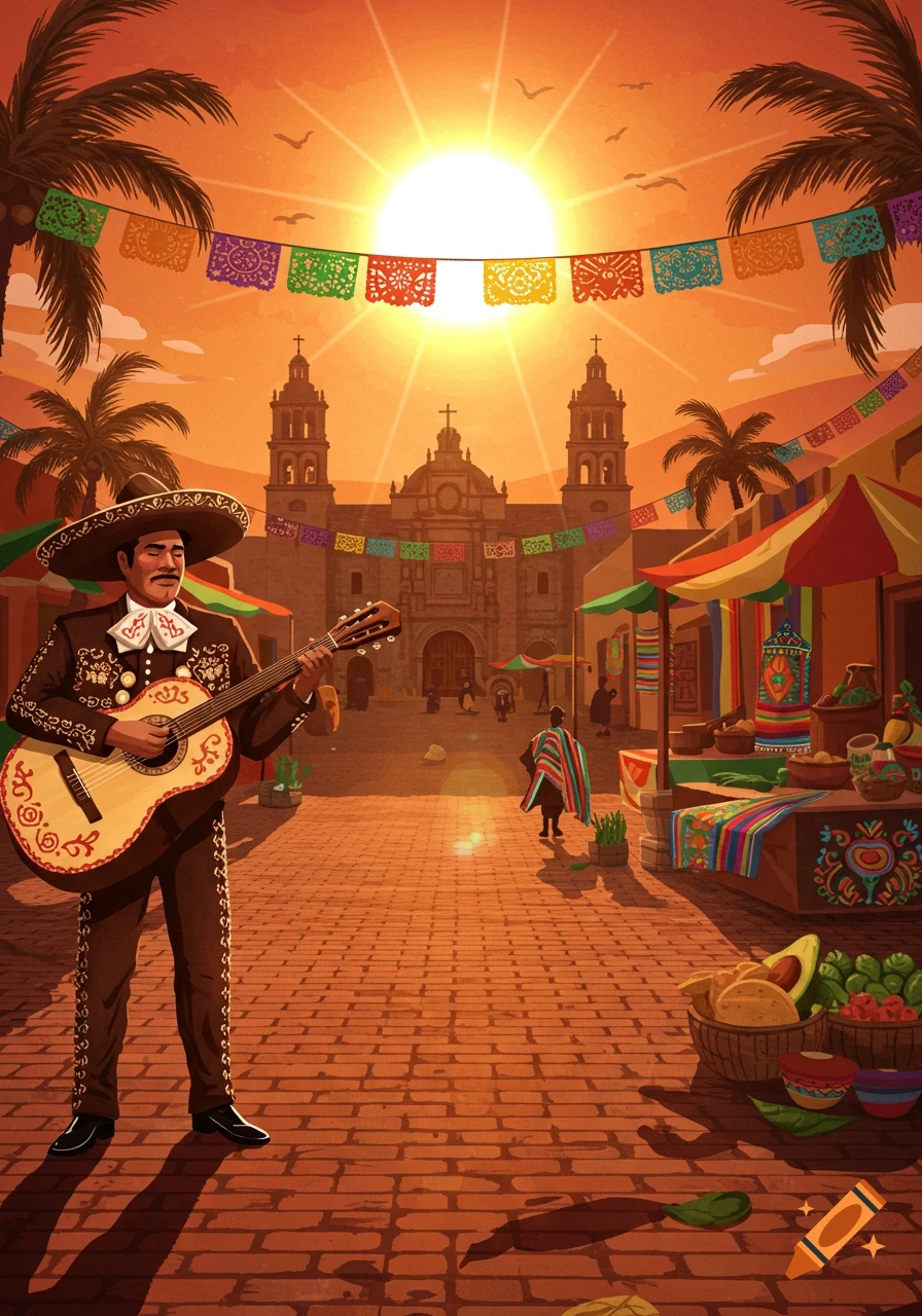 Illustrated Mexican street scene with a mariachi playing guitar, market stalls, a church, and banners under a vibrant sunset.