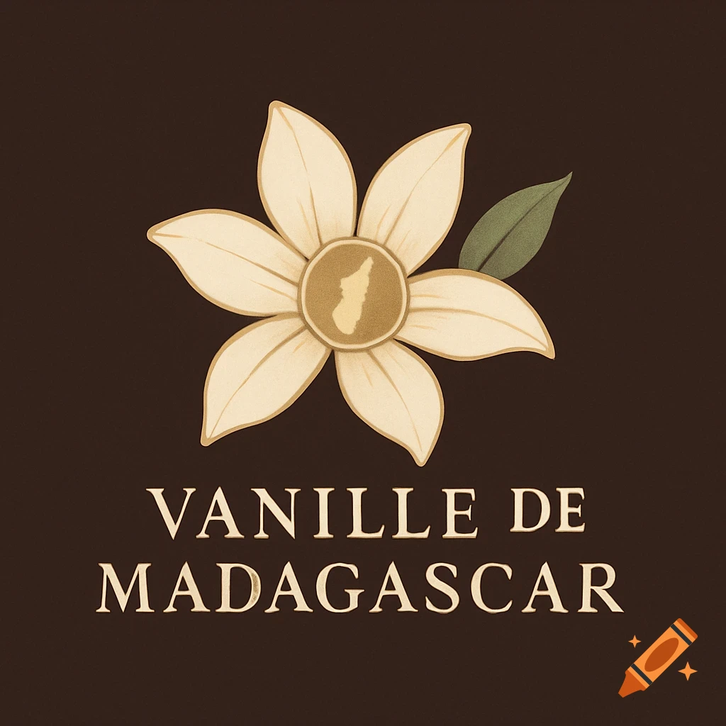 Stylized logo with a cream-colored vanilla flower, map of Madagascar in its center, a green leaf, and 'VANILLE DE MADAGASCAR' text on a dark brown background.