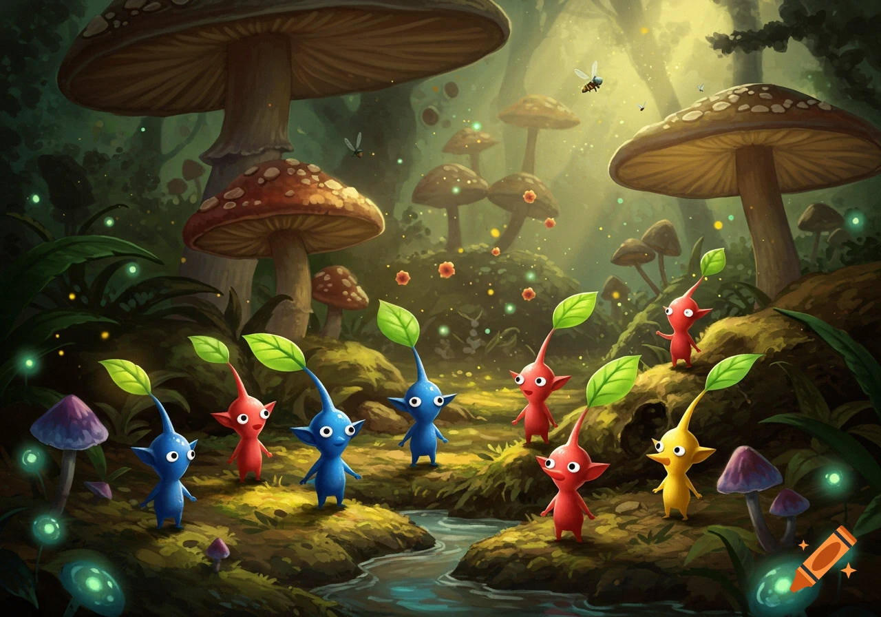 Red, blue, and yellow Pikmin characters stand in a lush mushroom forest with a stream, in a fantasy illustration style.
