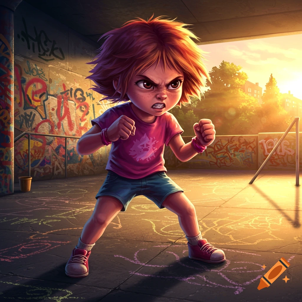 Cartoon of an angry child with spiky red hair, fists clenched, standing in a graffiti-covered urban setting at sunset.