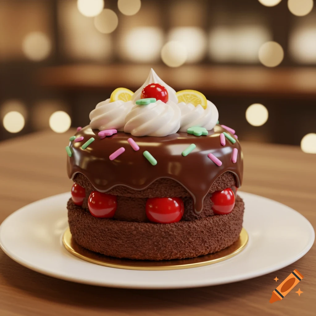 A small, round chocolate cake with chocolate ganache, white whipped cream, red cherries, lemon slices, and colorful sprinkles on a white plate.