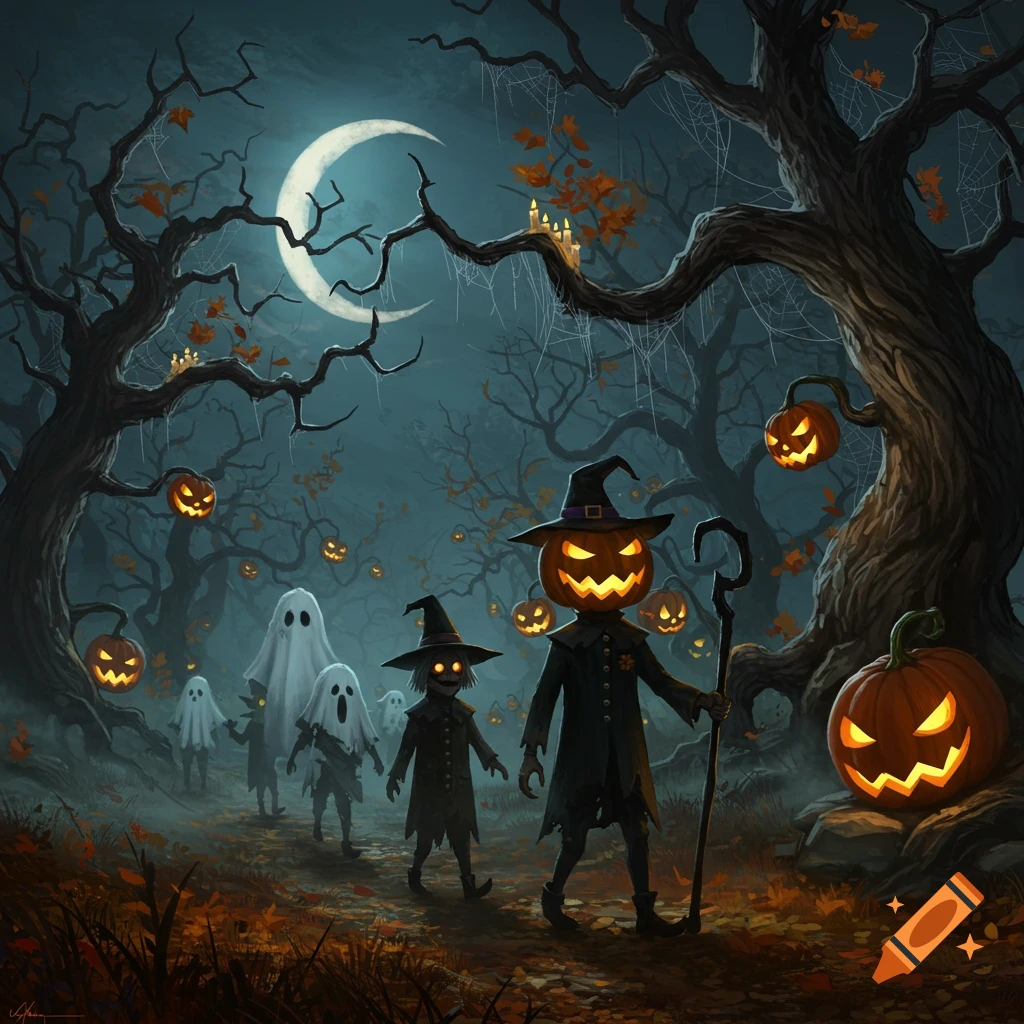 A spooky Halloween forest at night with pumpkin-headed figures, ghosts, and glowing jack-o'-lanterns under a crescent moon.