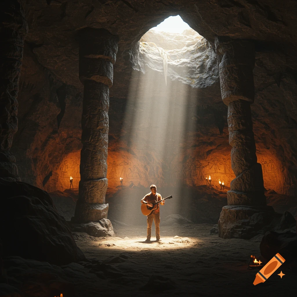 A man plays an acoustic guitar in a large, ancient cave, illuminated by a dramatic sunbeam and torches, with carvings on the walls.