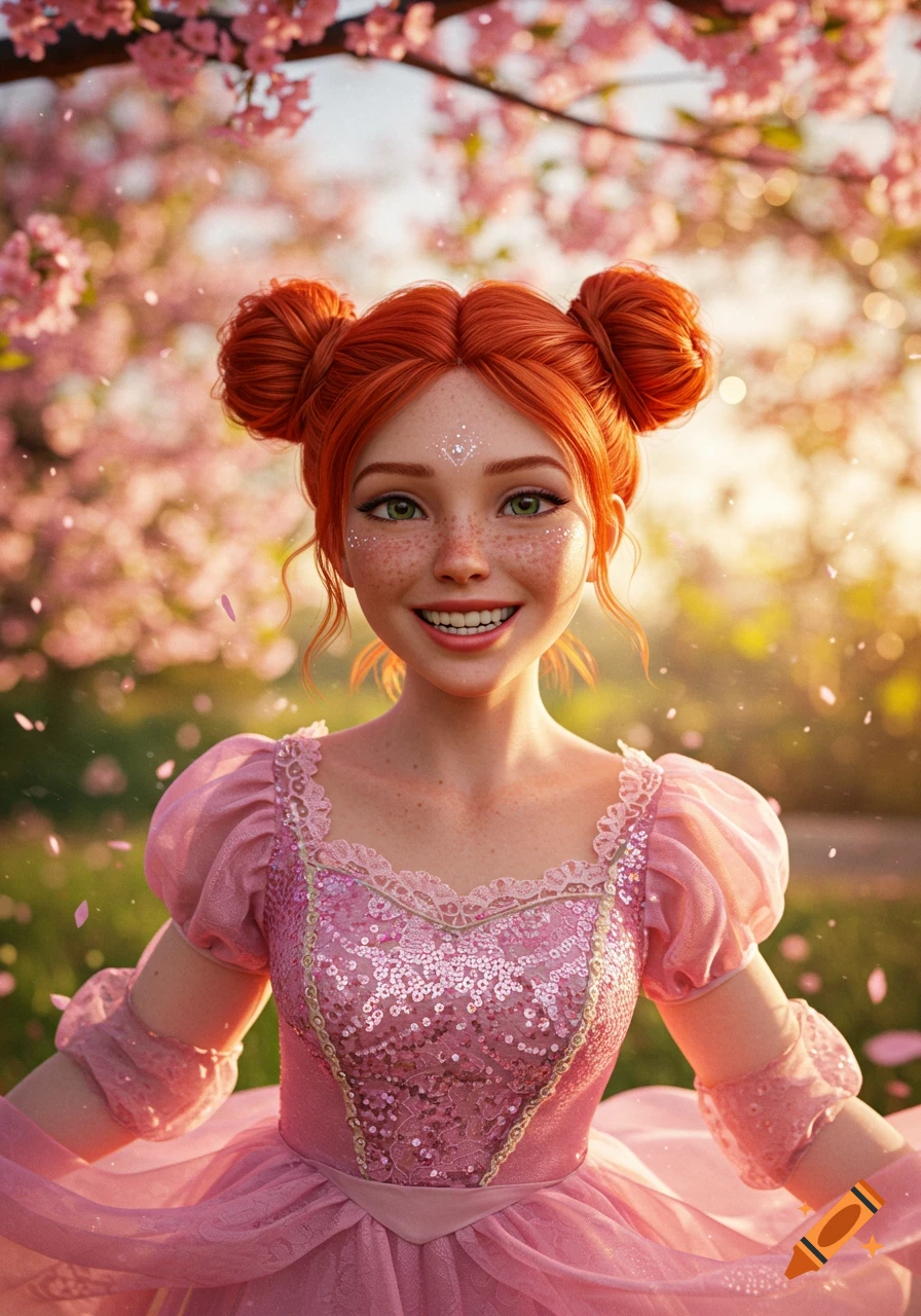 A smiling girl with red hair in space buns, freckles, and a pink sequined princess dress stands in a cherry blossom garden.