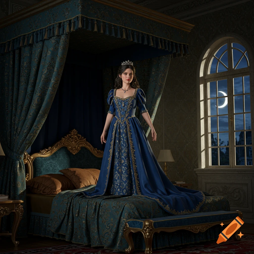 Photorealistic image of a princess in a blue and gold gown standing on an ornate canopy bed, crescent moon visible outside a window.