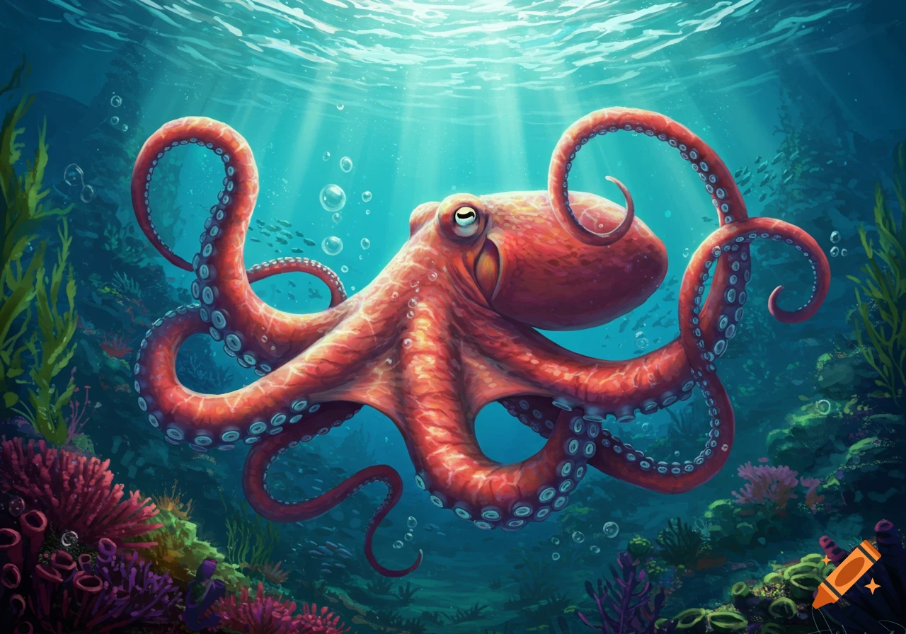 A vibrant red octopus with distinctive suckers swims gracefully amidst colorful coral, seaweed, and small fish in a bright blue underwater scene, with light rays piercing the water from above.