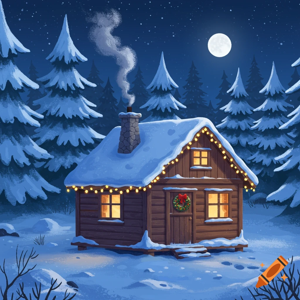 A snow-covered wooden cabin decorated with Christmas lights in a winter ...