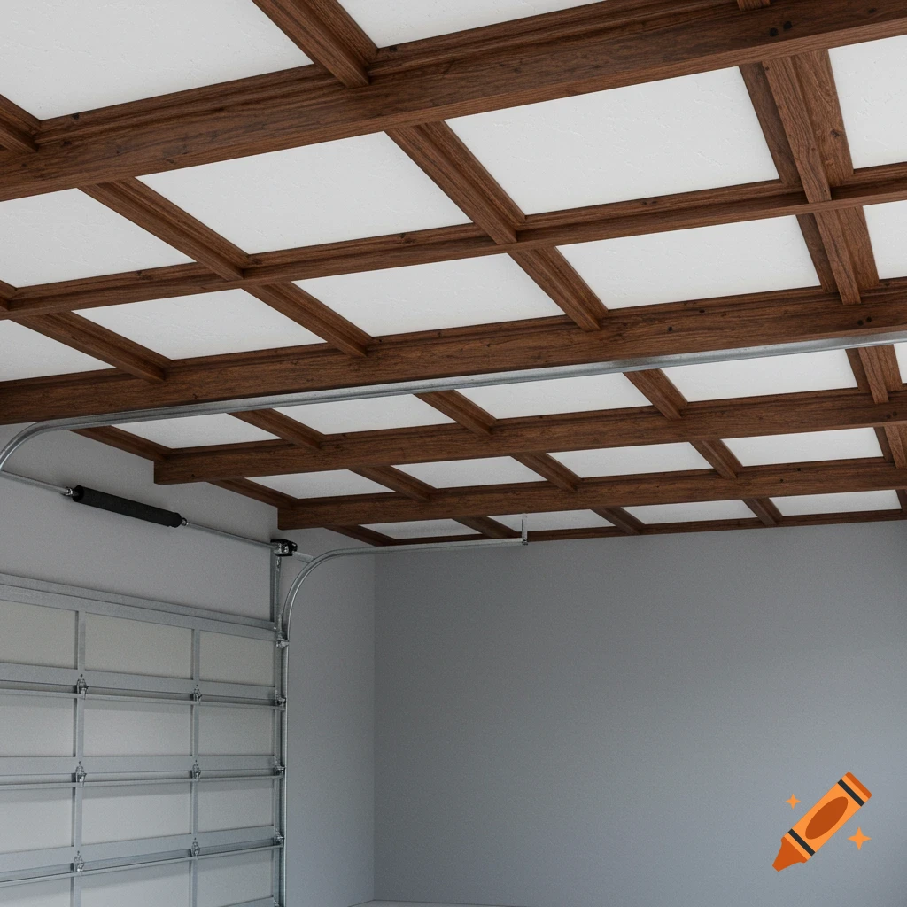 Photorealistic interior of an empty garage with a brown coffered ceiling, grey walls, and a metal garage door.