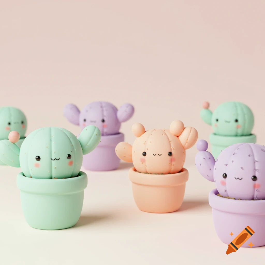 Several cute, pastel-colored cartoon cacti with smiling faces in individual pots are arranged on a soft pink surface.