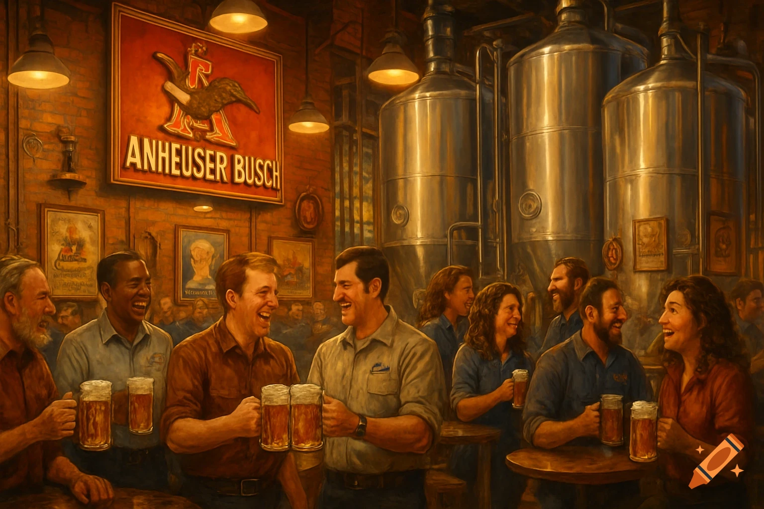 A diverse group of people laughing and holding beer mugs inside a warm, painterly Anheuser Busch brewery with large metal tanks.