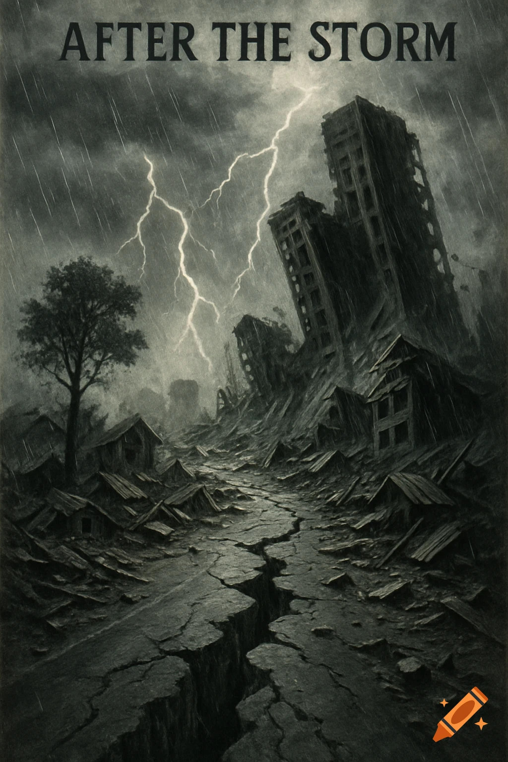 Monochromatic painting titled "AFTER THE STORM" showing a devastated urban landscape with collapsing buildings, a cracked road, rain, and lightning.