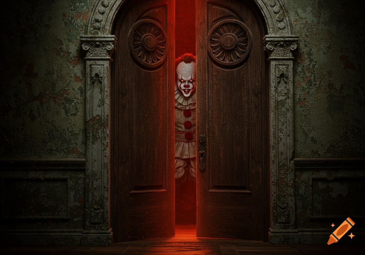 Pennywise the clown peers through a dark, slightly open wooden door, illuminated by a red glow in a spooky, dilapidated room.