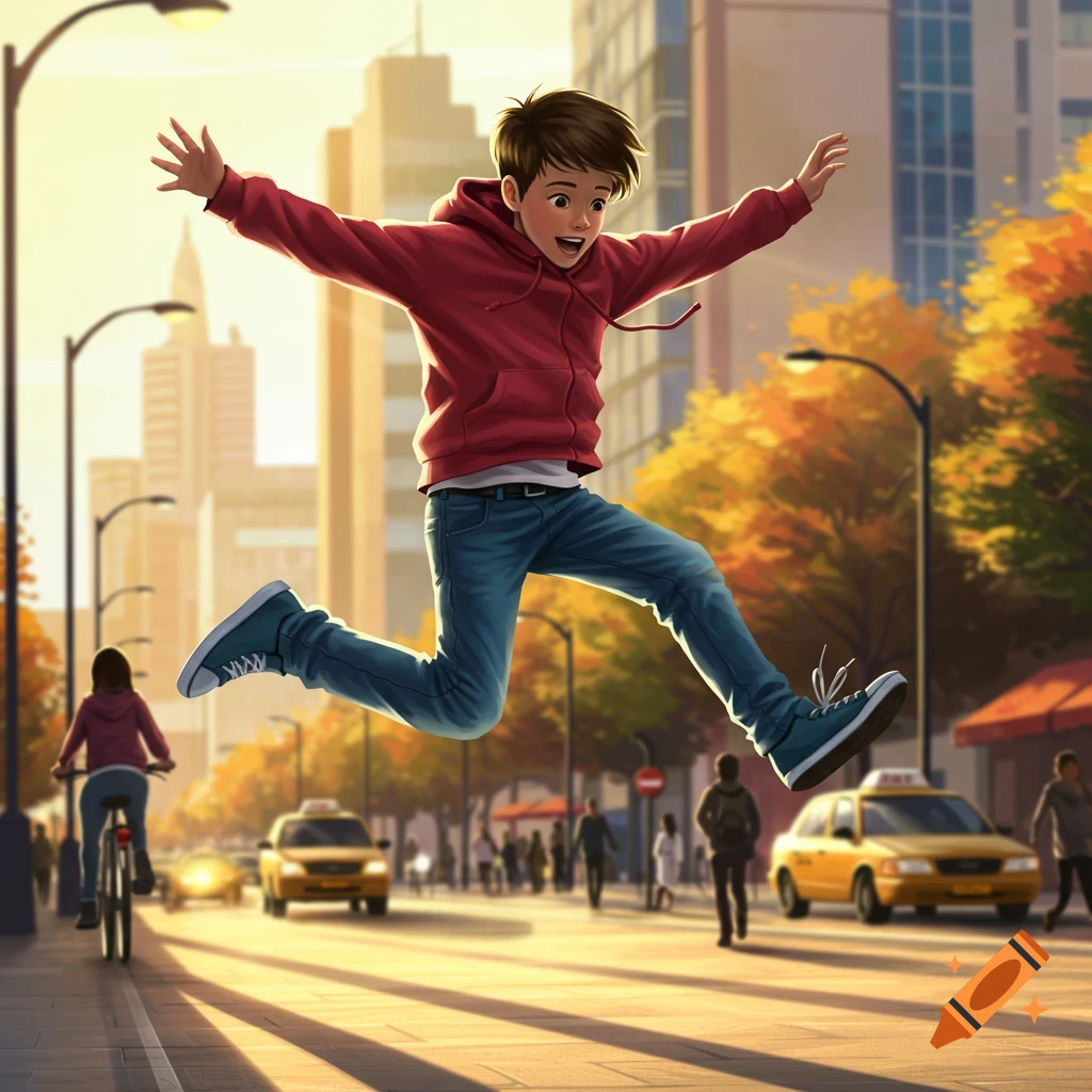 A young boy in a red hoodie and jeans jumps exuberantly in a busy, sunlit city street with yellow taxis and buildings.