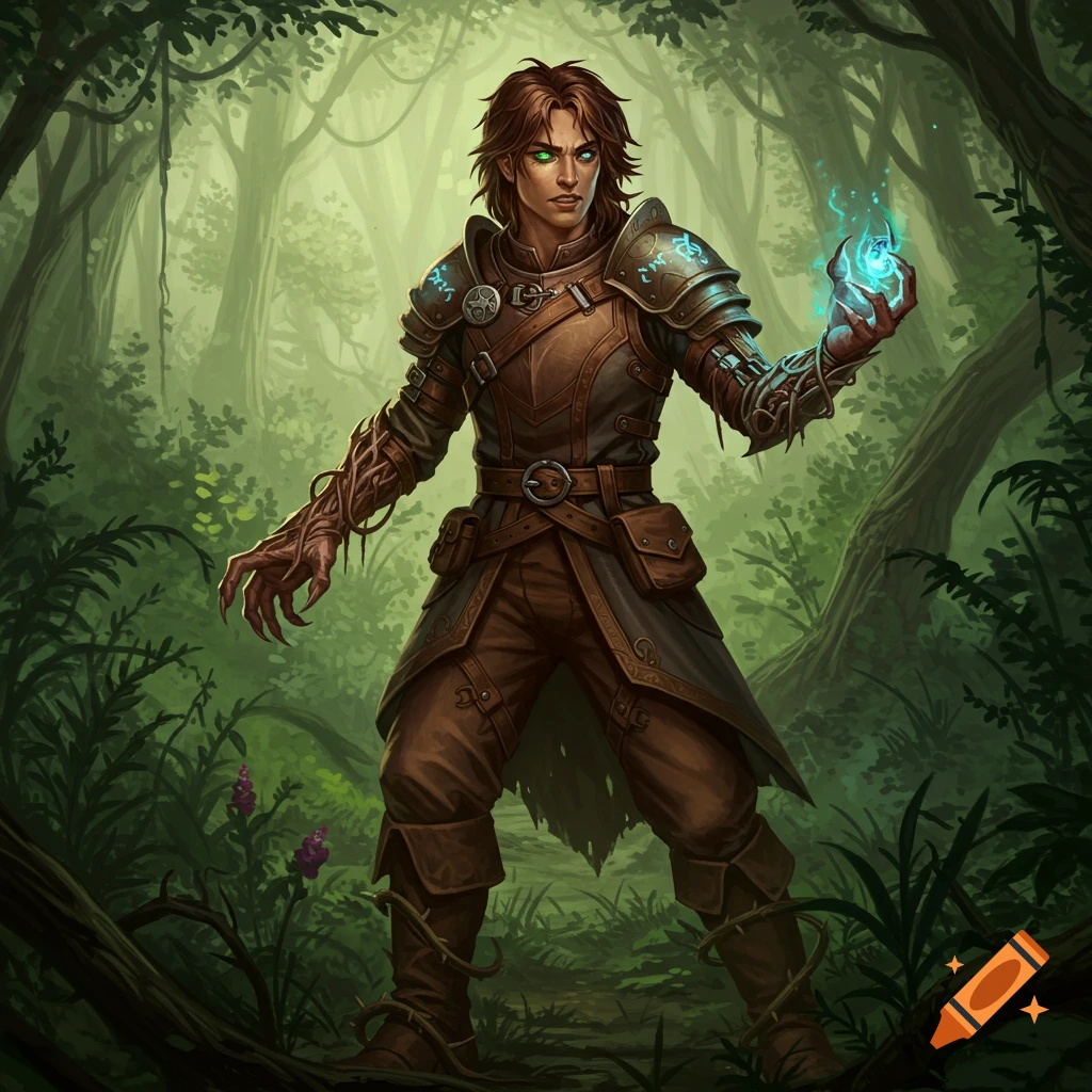 A fantasy male character with brown hair, green eyes, and one monster arm, wearing armor, standing in a lush forest and holding a glowing blue orb.