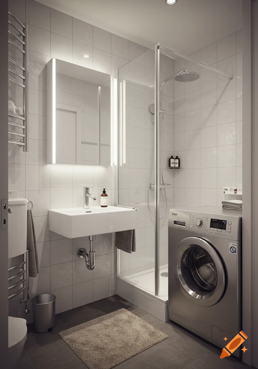 A modern, small bathroom with a white rectangular sink, a glass shower, a stainless steel washing machine, and a rug on gray tiled floors.