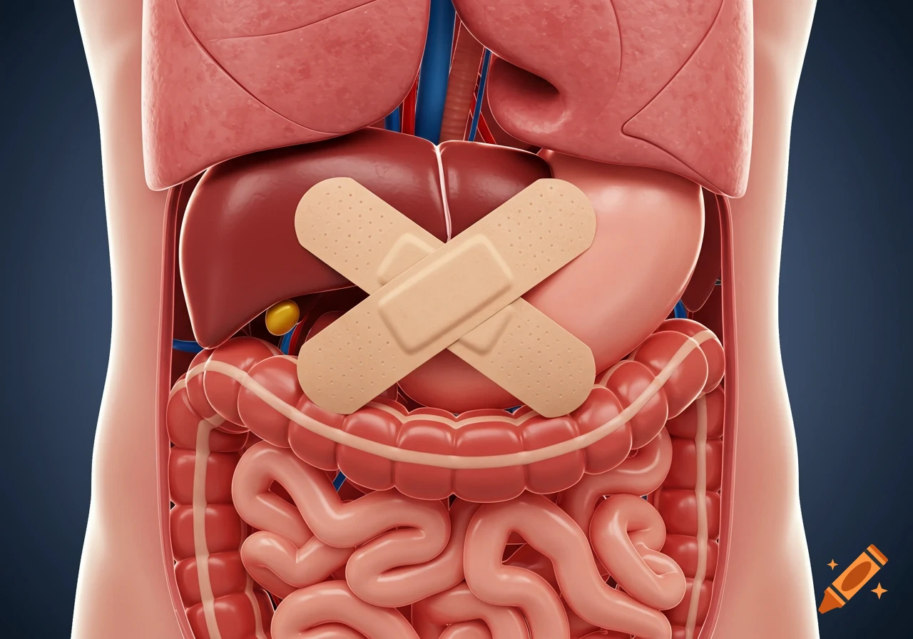 Stylized illustration of a human torso showing internal organs like lungs, liver, stomach, and intestines, with two crossed band-aids on the abdomen.