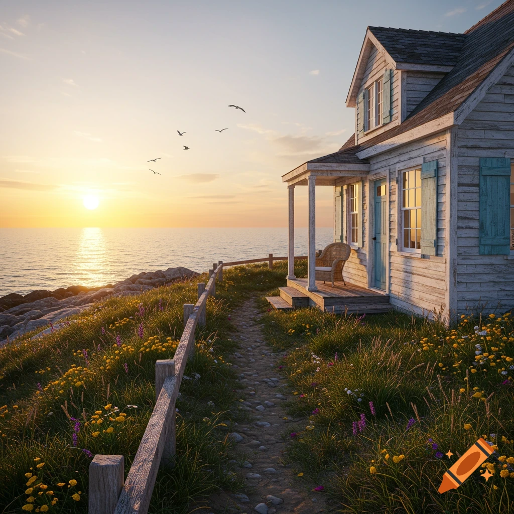 A photorealistic white house with blue shutters sits on a grassy cliff overlooking a calm ocean at sunset, with birds flying.