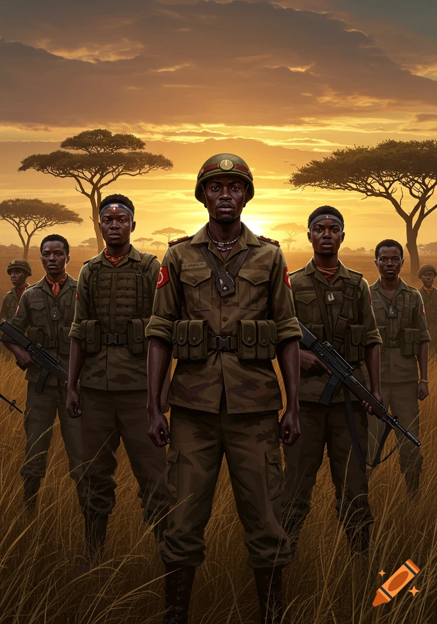 A group of African soldiers in military fatigues stand in tall grass in a savanna at sunset, holding rifles.
