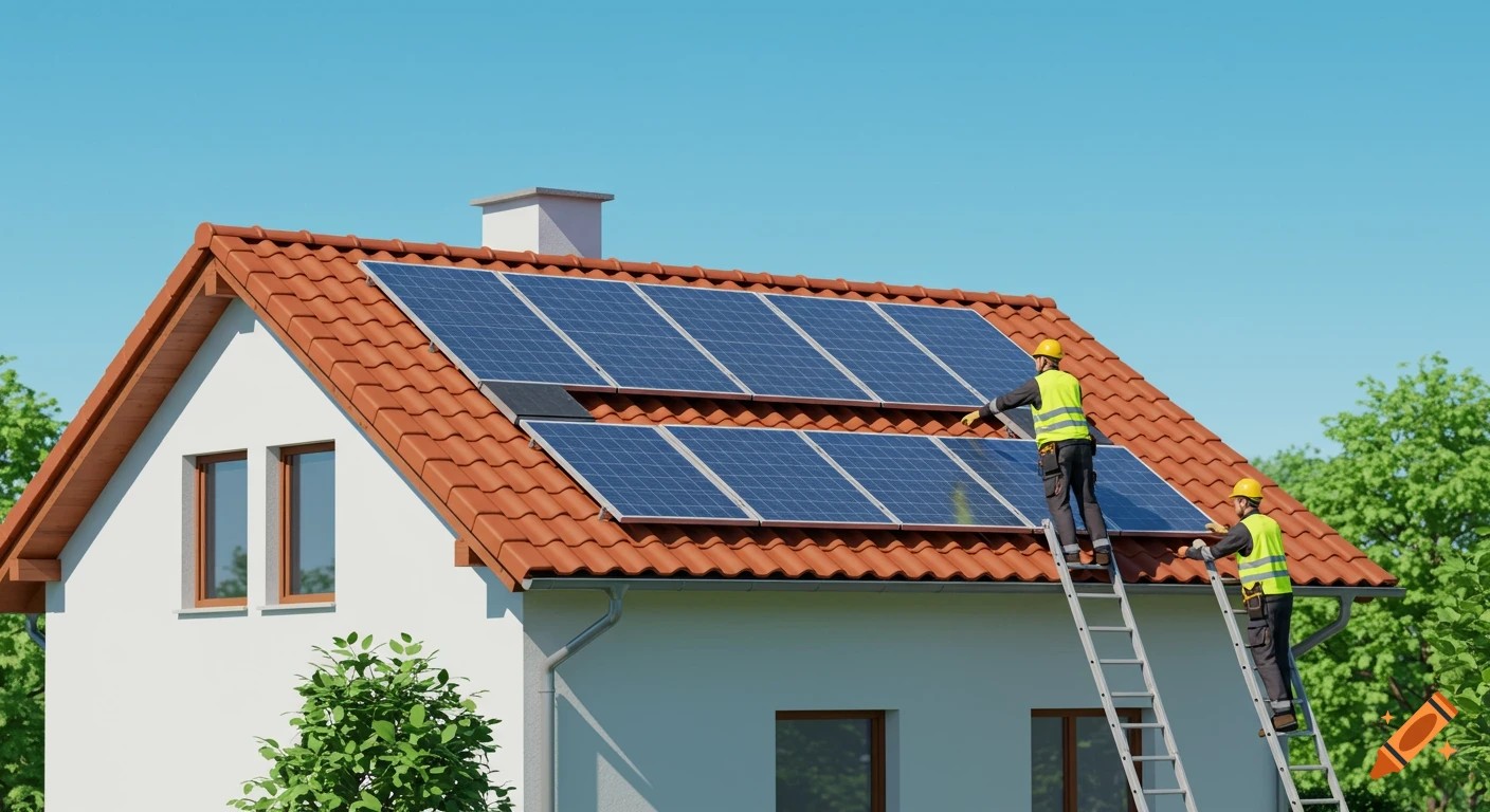 Two technicians install solar panels on the terracotta roof of a white house under a clear blue sky. Digital illustration.