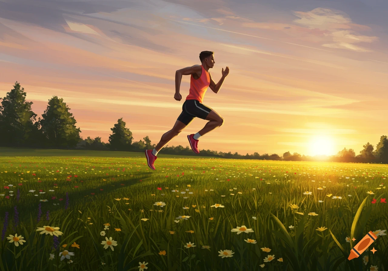 An athletic man runs through a vibrant wildflower field at sunset under an orange and pink sky, in an illustrative style.