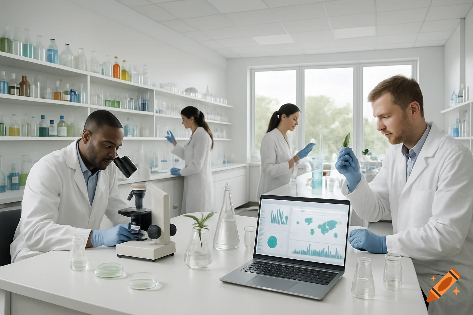 Scientists in lab coats conduct research in a modern, bright environmental health laboratory with microscopes and laptops.