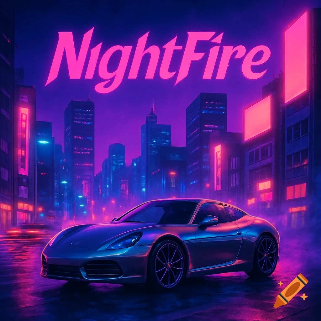 A silver sports car parked on a wet street in a neon-lit futuristic city at night, with the pink neon text 'NightFire' above.
