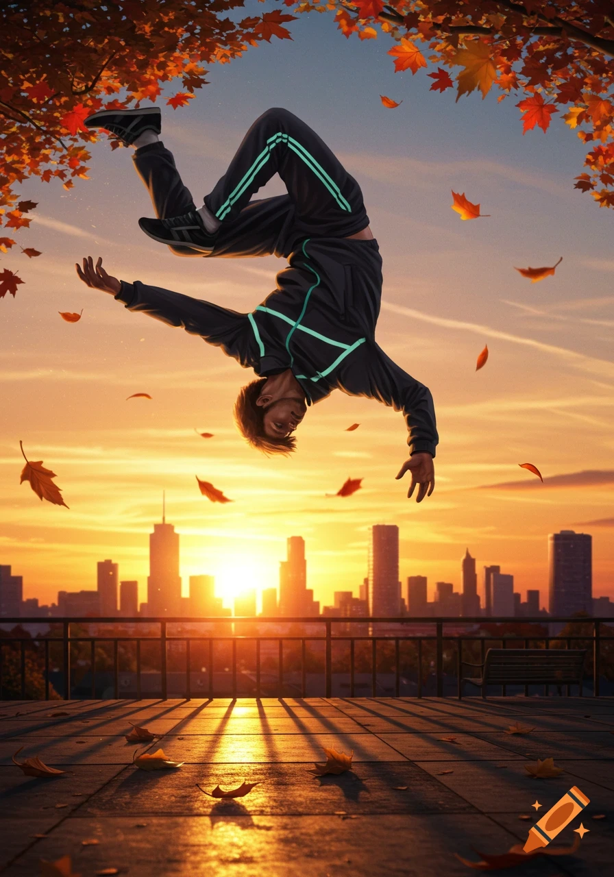 A man doing an upside-down acrobatic move against a sunset city skyline with autumn leaves falling, photorealistic.