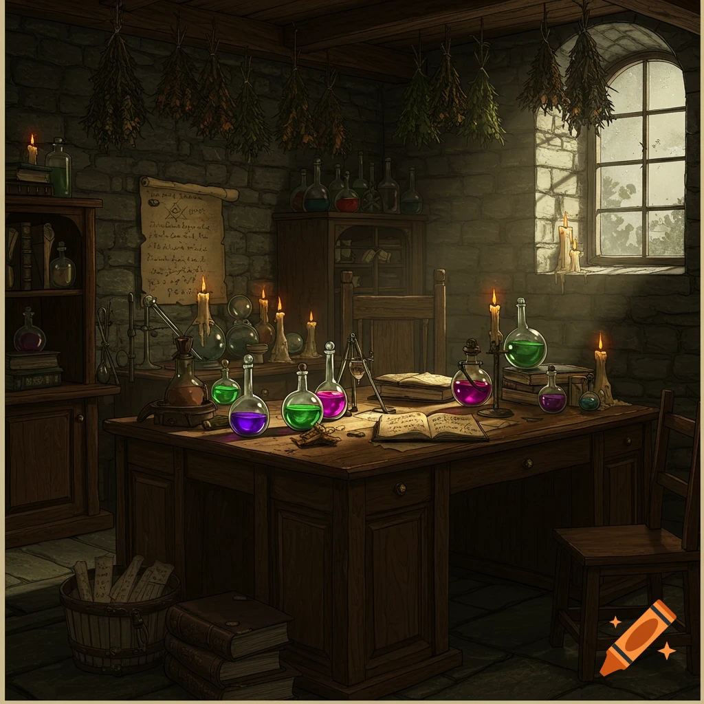 A medieval alchemist's lab with bubbling potions, old books, candles, and drying herbs hanging from the ceiling.