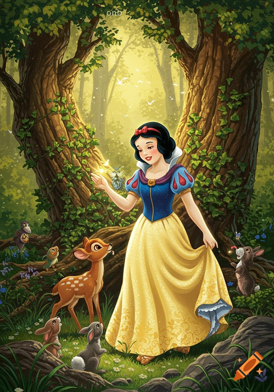 A vibrant illustration of Snow White in a sun-dappled forest, surrounded by deer, rabbits, and birds, with a glowing light.