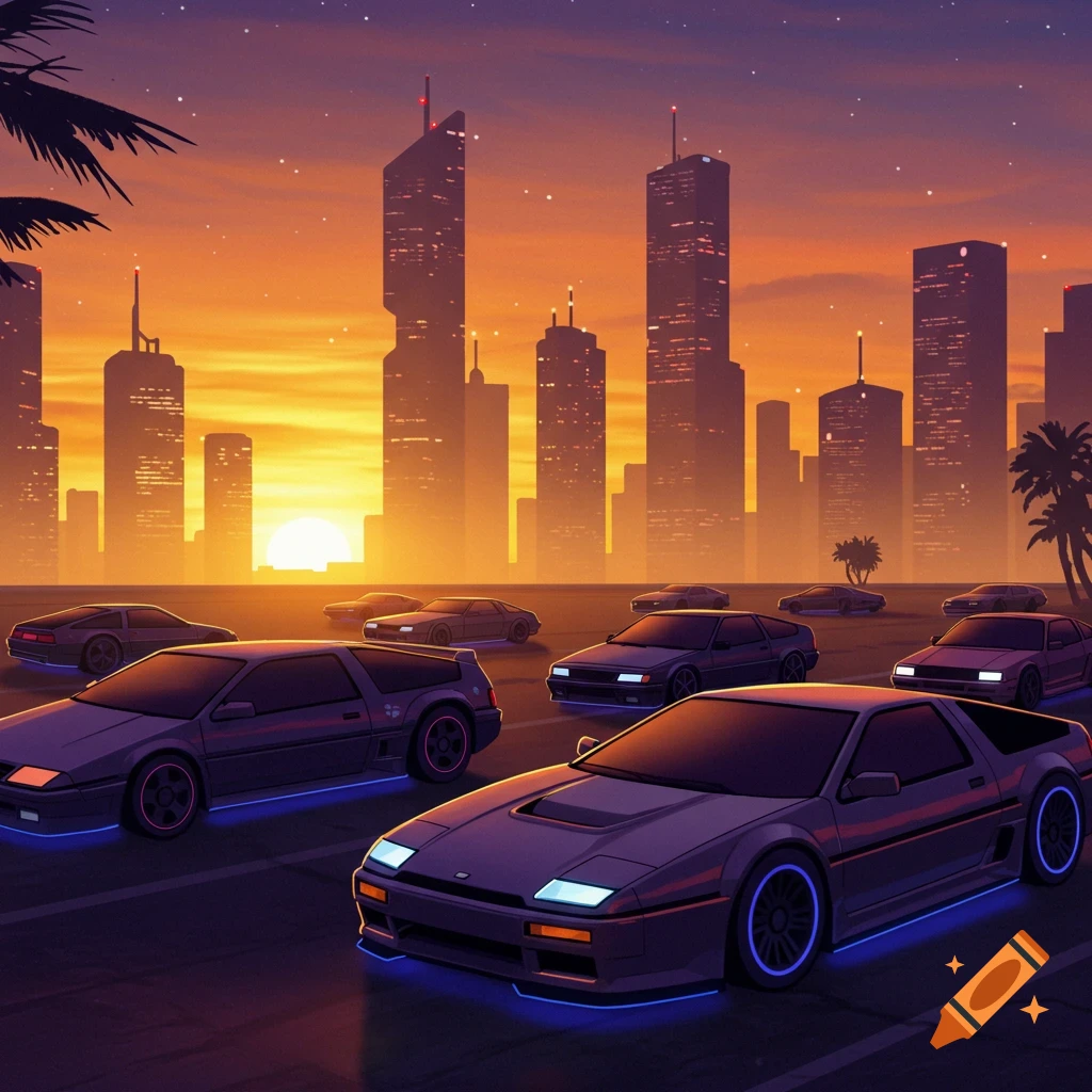 Synthwave cityscape with neon-lit cars on a street at sunset.