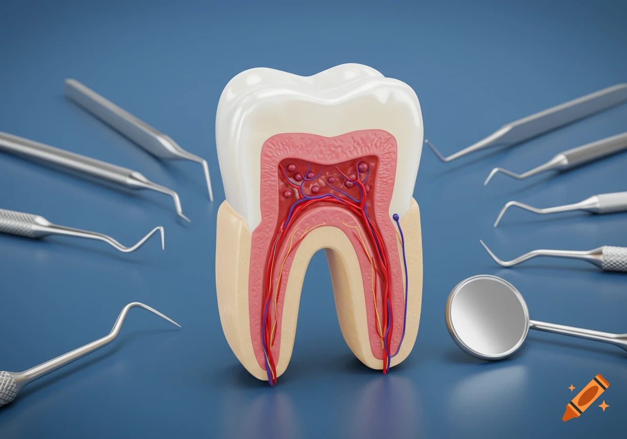 A detailed 3D rendering of a human tooth cross-section showing internal structures, surrounded by various dental instruments on a blue background.