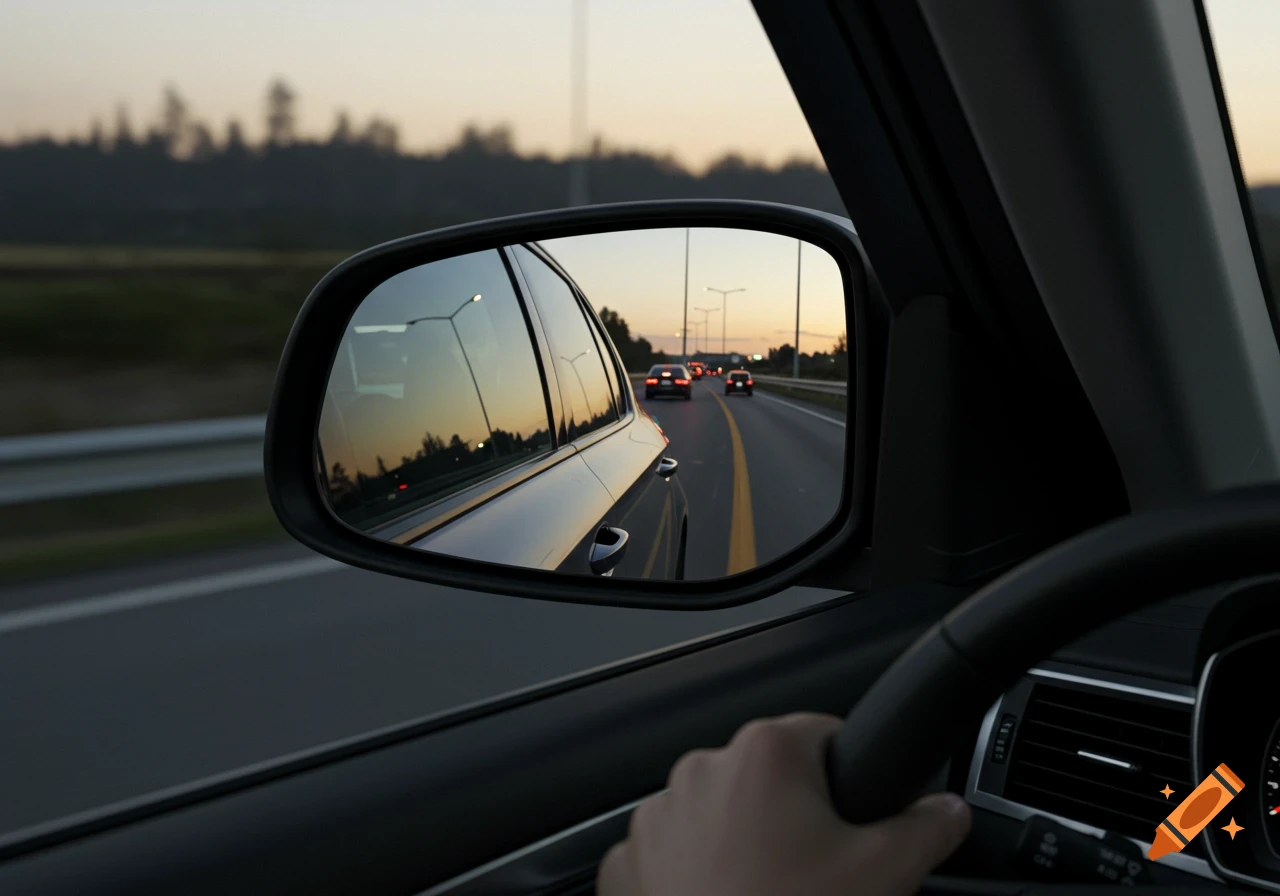 Driver's perspective looking into a car's side mirror, reflecting a highway with vehicles at sunset.