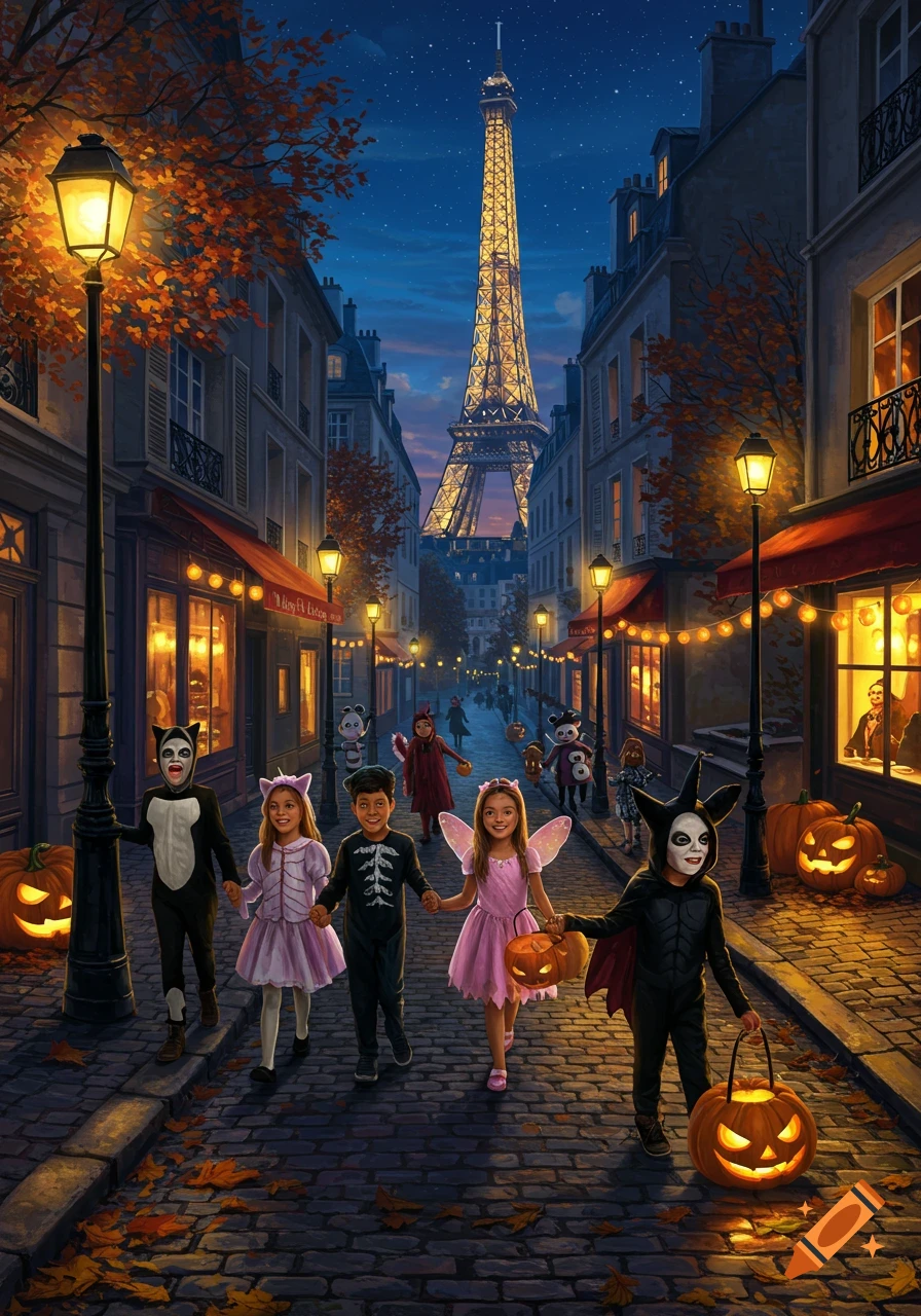 Children in Halloween costumes trick-or-treat on a cobblestone street in Paris at night, with the Eiffel Tower in the background, in an illustration style.