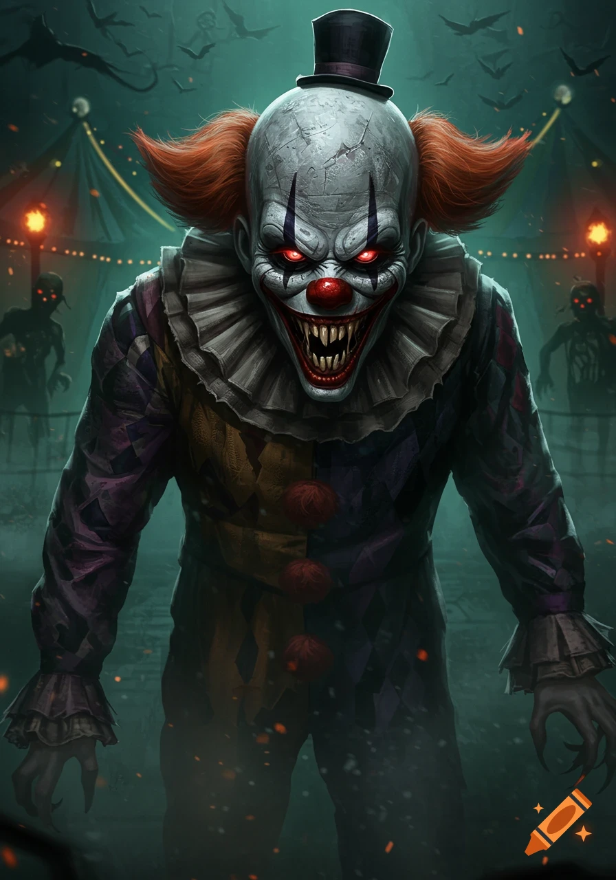 A terrifying horror clown with glowing red eyes, sharp teeth, and clawed hands stands in a dark, spooky carnival setting with bats and zombie-like figures.