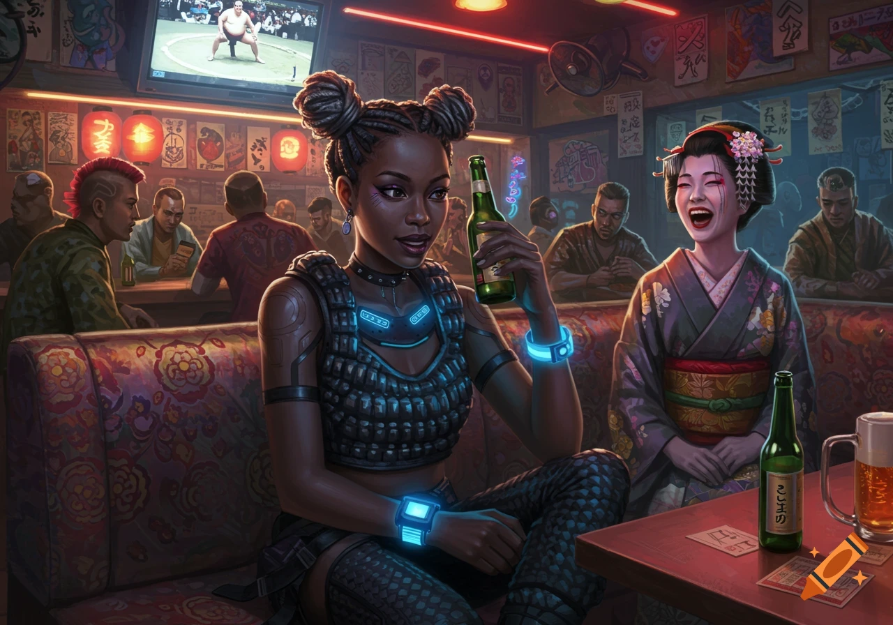 A cyberpunk woman in a glowing blue vest holds a beer in a crowded Japanese bar, watching a sumo match on a TV, while a laughing geisha sits across from her.