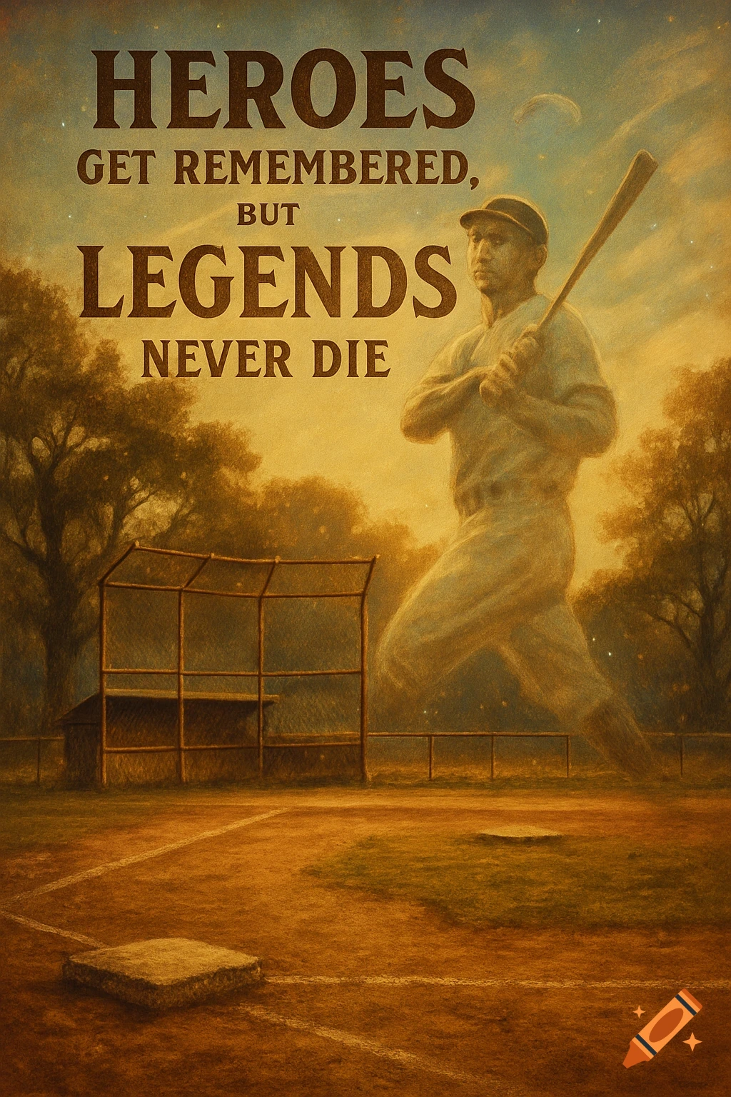 A vintage-style illustration of a baseball player with a bat on a field, with text "HEROES GET REMEMBERED, BUT LEGENDS NEVER DIE.".
