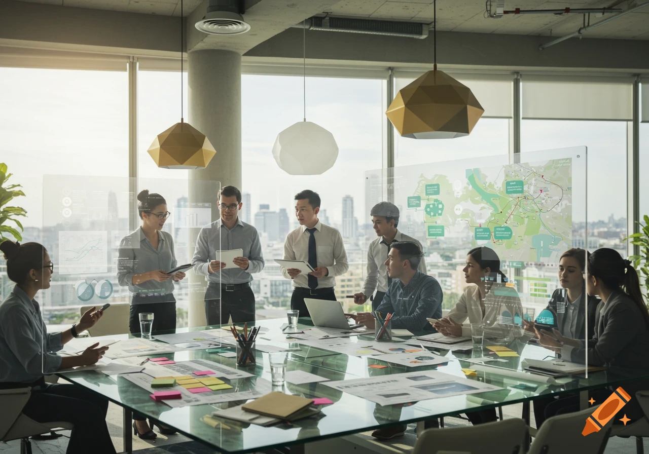A group of business professionals holds a meeting in a modern office with large windows, discussing data on translucent screens.
