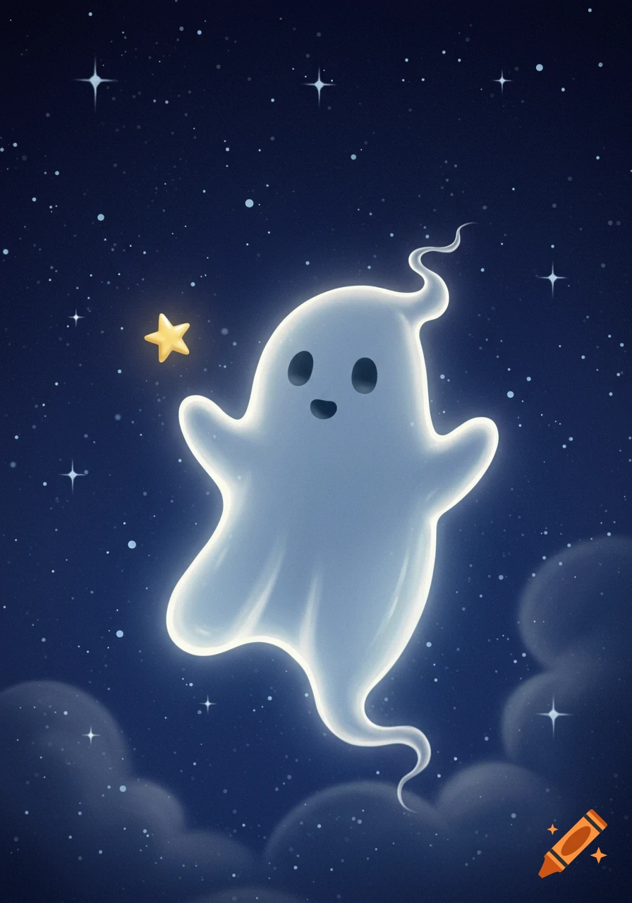 A cute, glowing cartoon ghost with a happy face floats in a dark blue starry night sky, playfully reaching for a yellow star.