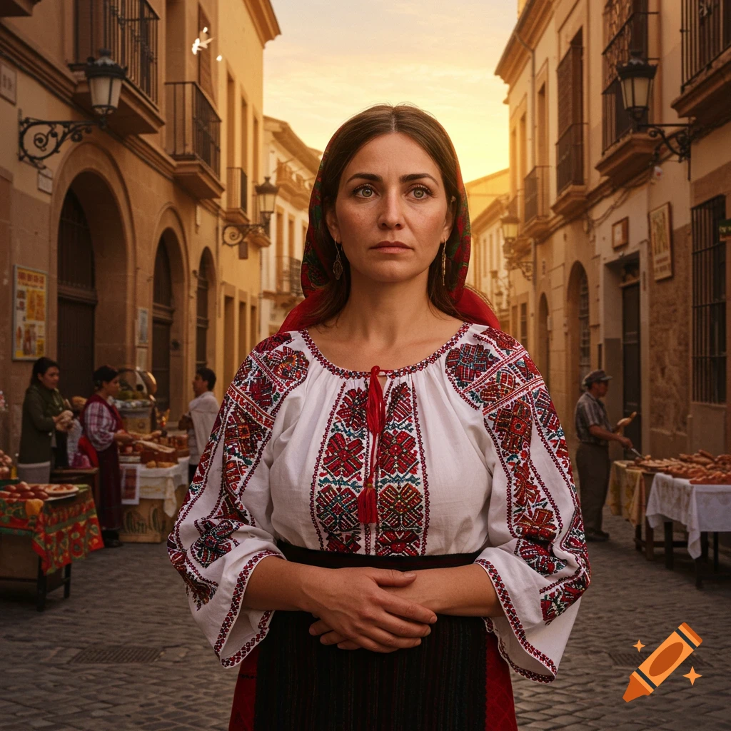 A woman in a traditional embroidered Romanian blouse and red headscarf stands seriously in a sunlit cobblestone street market.
