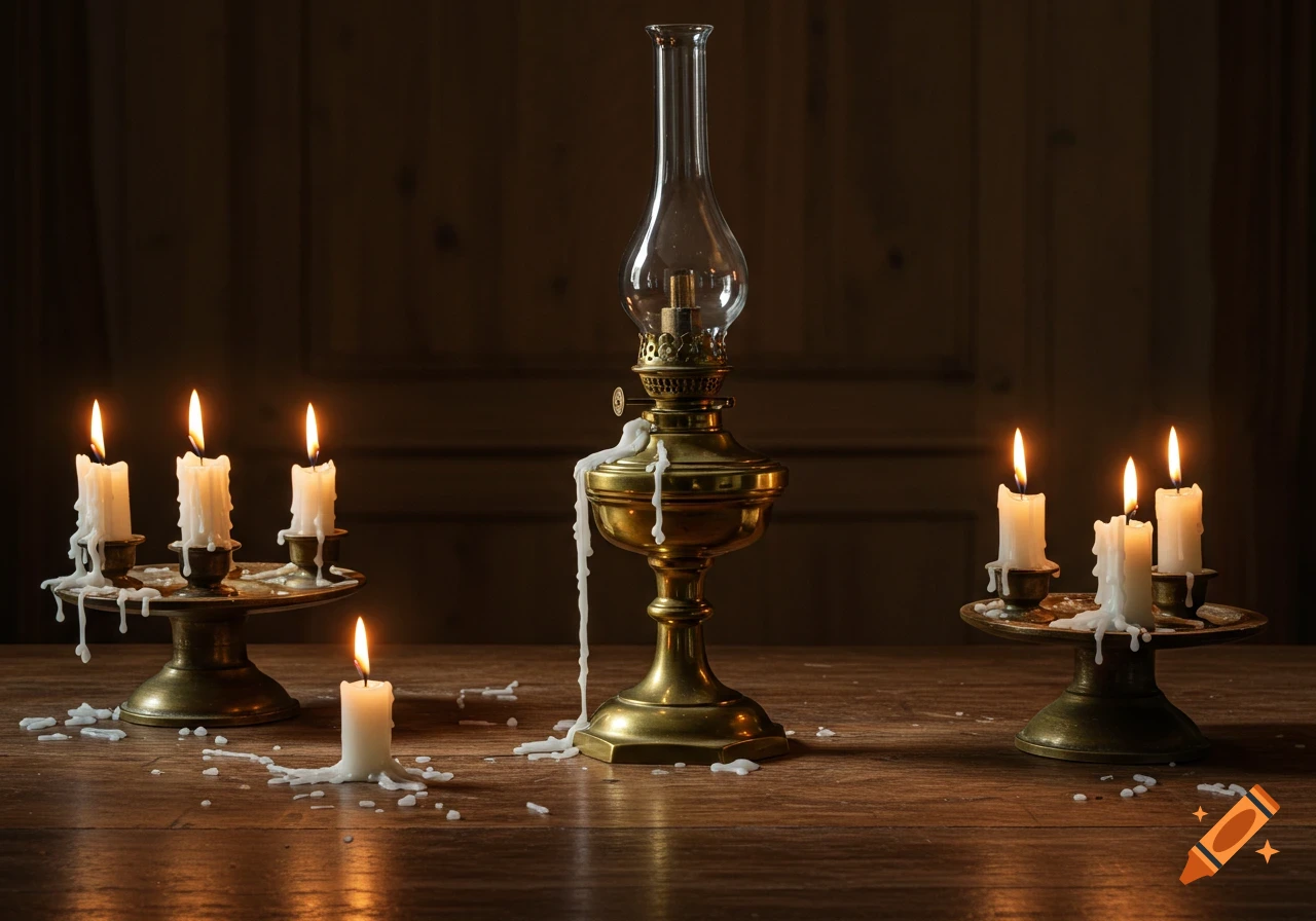 Antique brass oil lamp and lit candles with melted wax on a wooden table, illuminated in a warm 19th-century painting style.