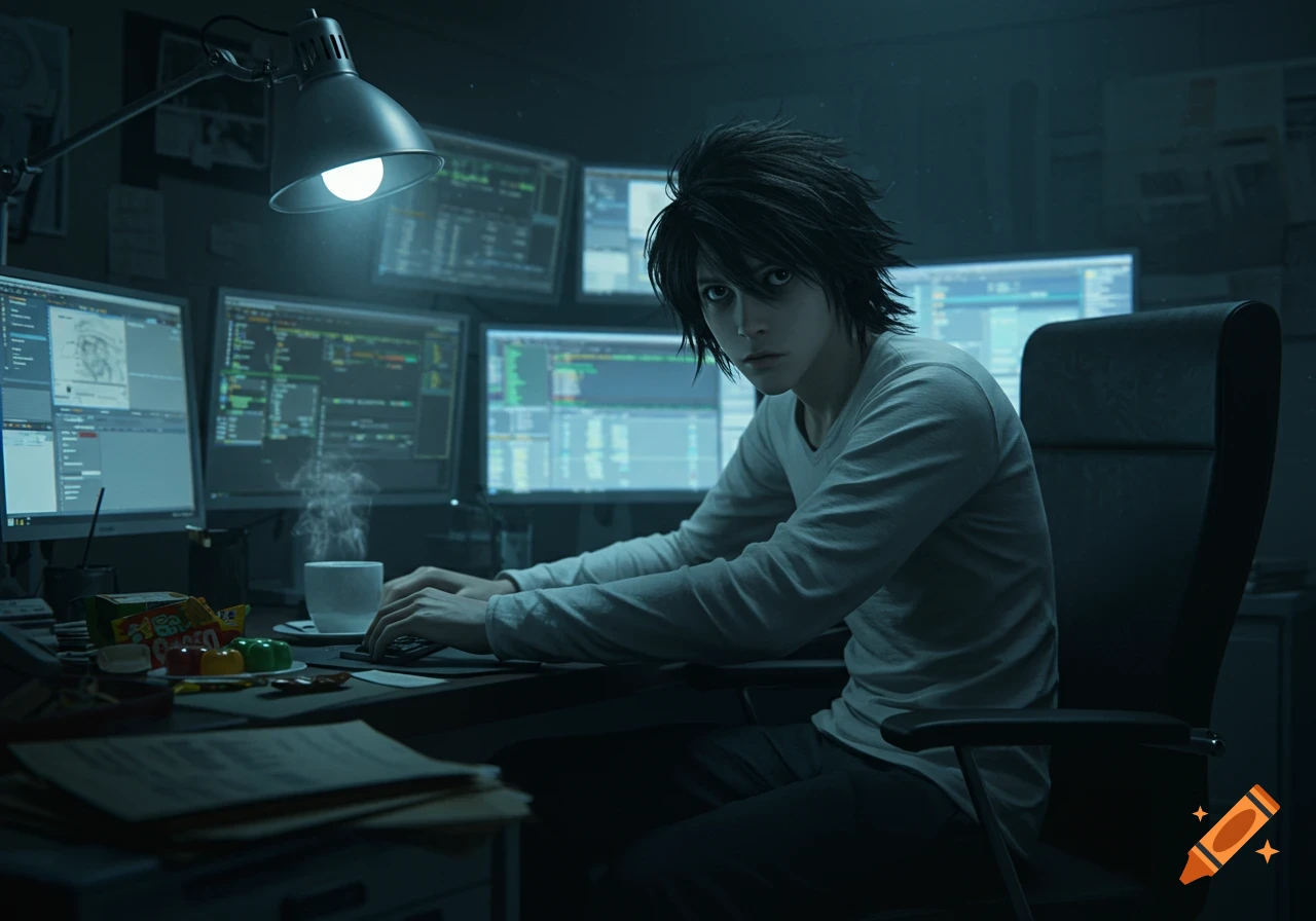 A young man resembling L Lawliet sits at a desk with multiple glowing computer monitors, typing, with a steaming mug and snacks nearby.