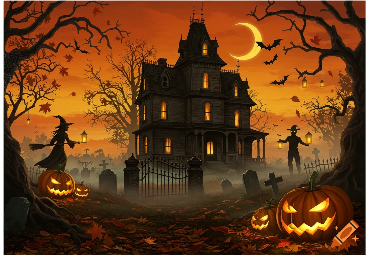 Spooky Halloween illustration of a haunted house, glowing jack-o'-lanterns, a witch, and a scarecrow under an orange sky with a crescent moon and bats.