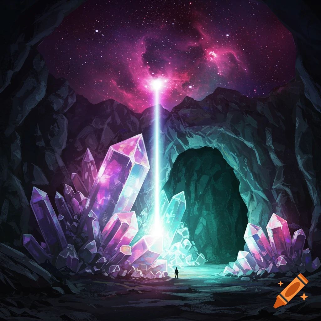 A vibrant illustration of a person in a cave filled with glowing purple and blue crystals under a starry, pink nebula sky.