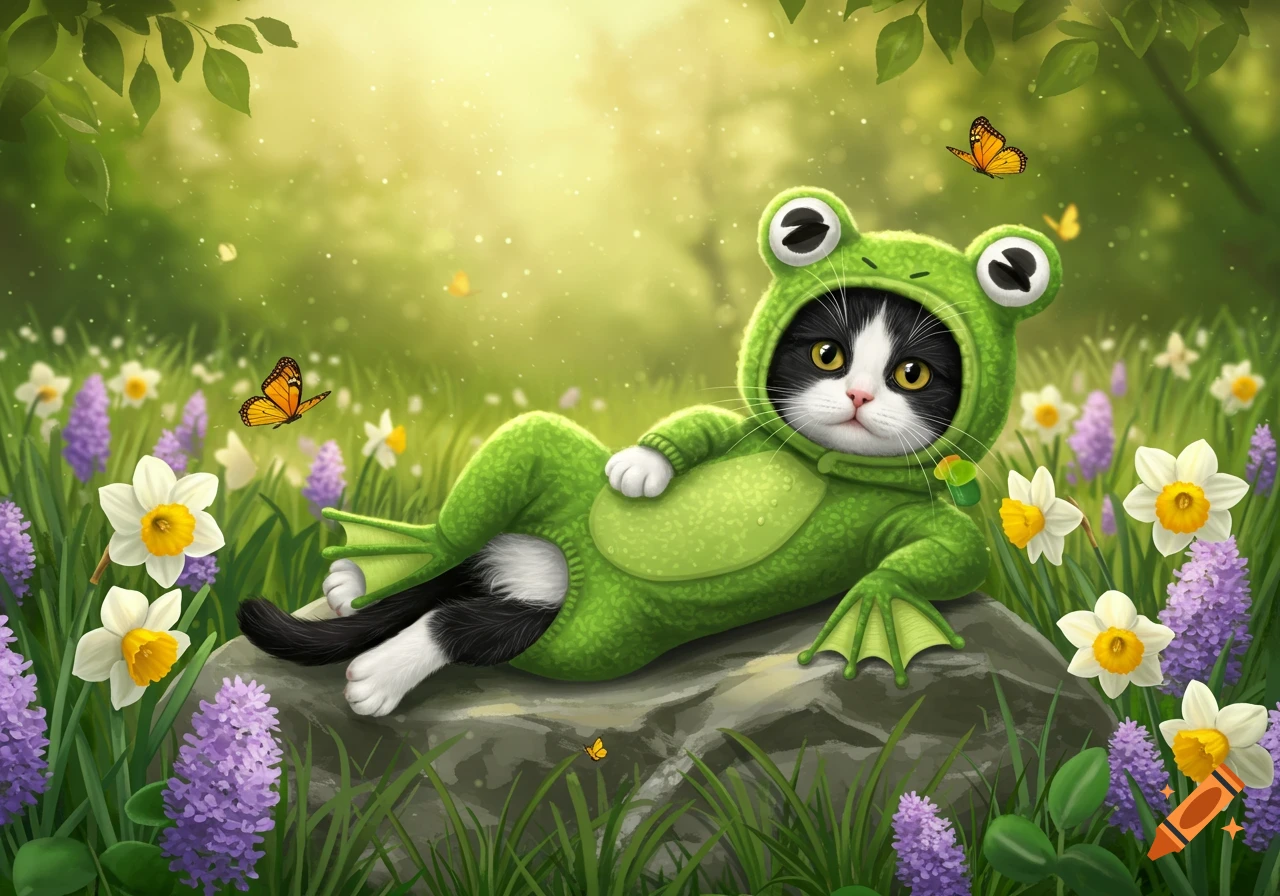 A fluffy black and white tuxedo cat wears a green frog costume, lying on a rock in a sunny field with white and purple flowers and butterflies.